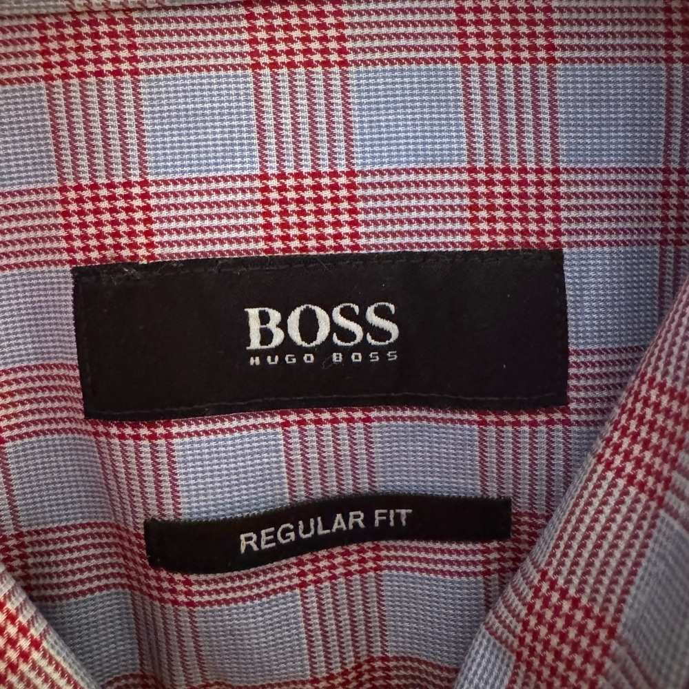 Hugo Boss Men's Red and Light Blue Checked Dress Shirt